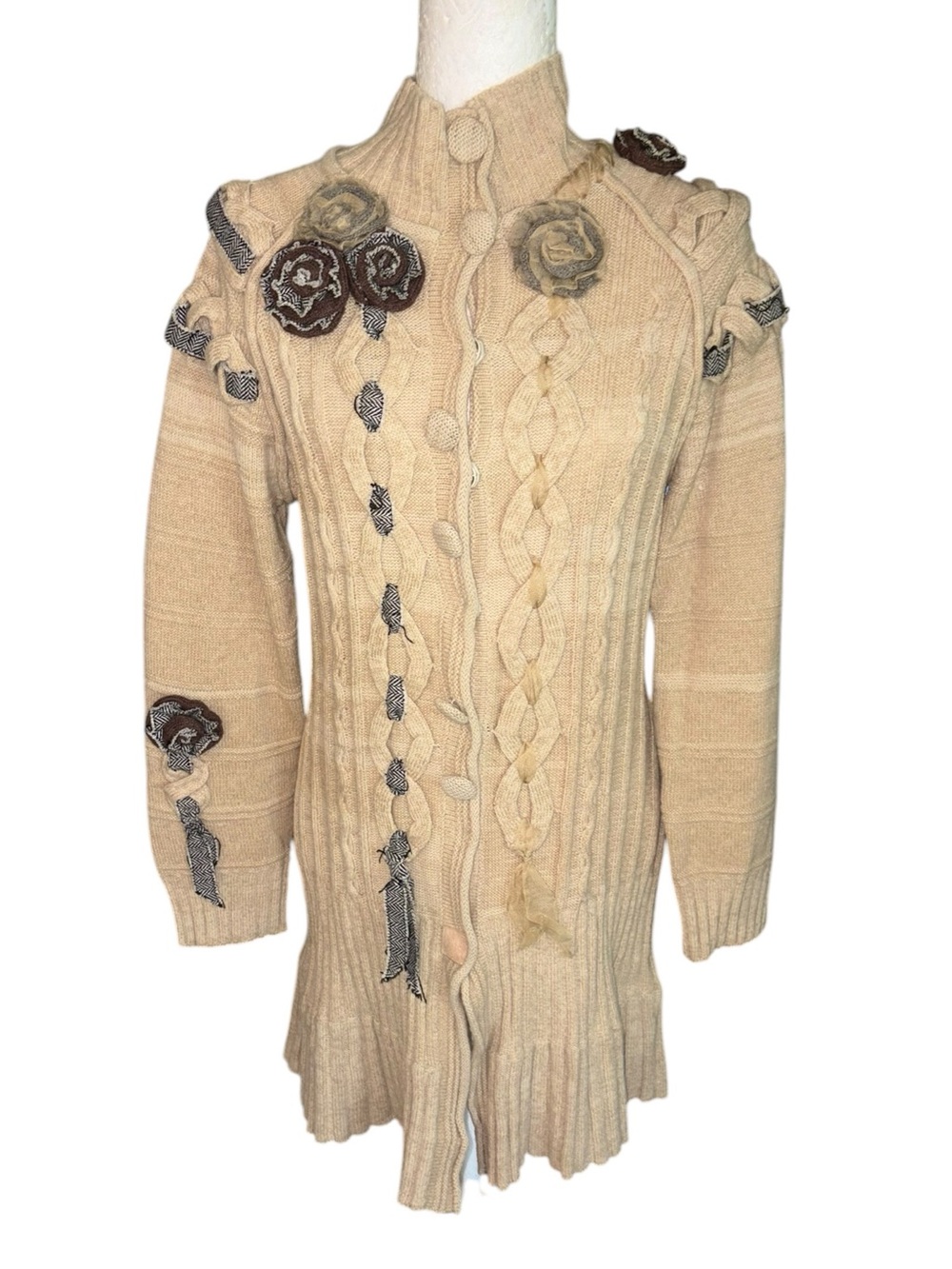 Anthropologie Covelo Tan Embellished Rosette Ribbon Cable Knit Long Cardigan  M